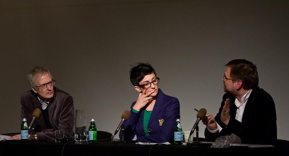 The Saturday afternoon panel at the Judgment and Contemporary Art Criticism symposium (from left) Jeff Derksen, Maria Fusco & Diedrich Diederichsen / photo Blaine Campbell