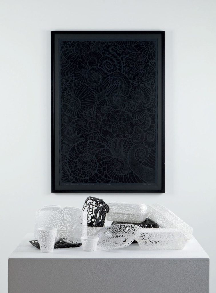 Eveline Kolijn <em>Sublime Waste</em> 2011 and (on wall) <em>Mesh Suite - Woodland Allemande</em> 2011 Courtesy Esker Foundation / photo Olivier Du Tré