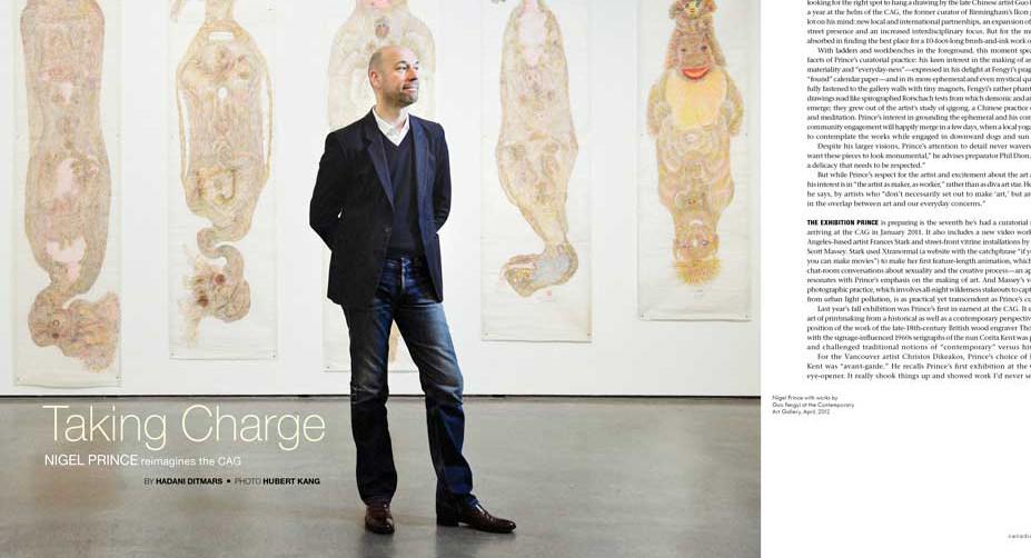Opening spread for "Taking Charge," by Hadani Ditmars, Canadian Art, Summer 2012, pp 82–5 / photo Hubert Kang