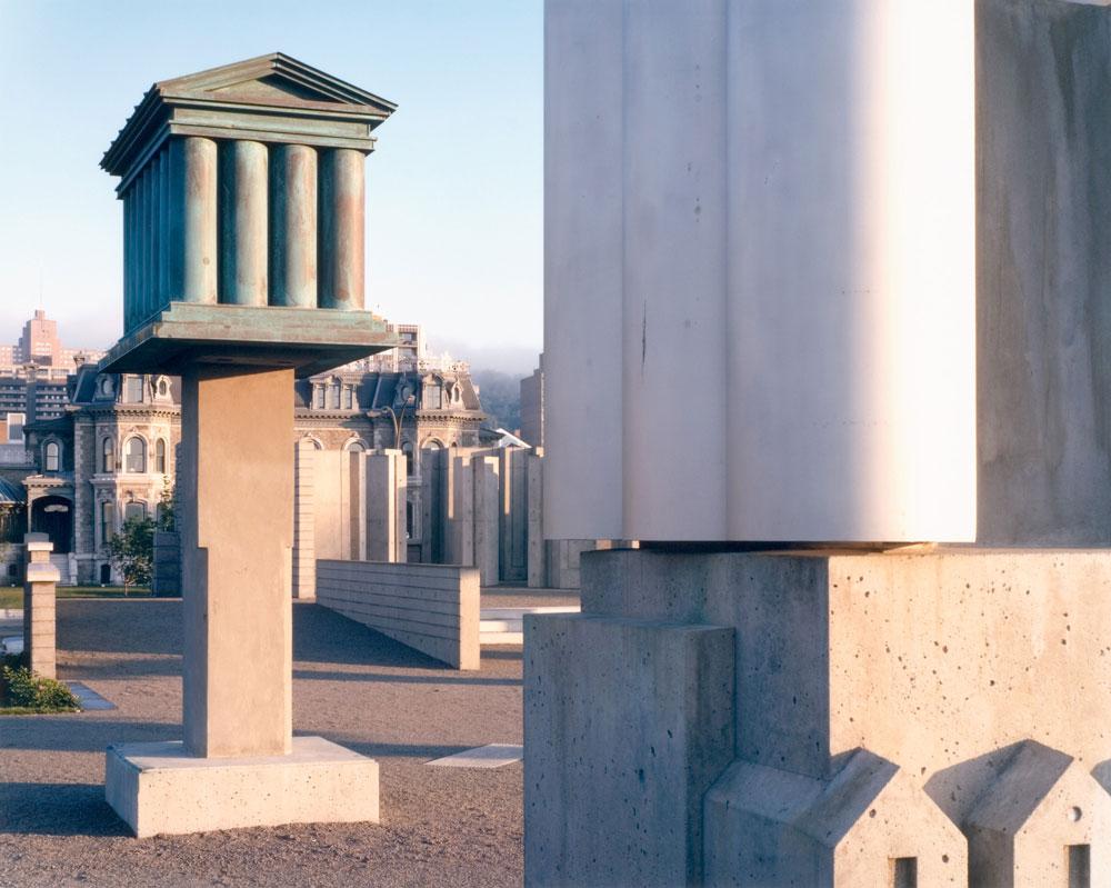 Robert Burley, <em>The Canadian Centre for Architecture Garden by Melvin Charney: View of the Temple-Silo Allegorical Column with Shaughnessy House in the background</em>, 1990 Courtesy the CCA © Robert Burley 