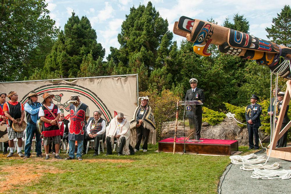 BC Lieutenant Governor Steven Point speaks at the raising of the new <em>Hosaqami</em>.