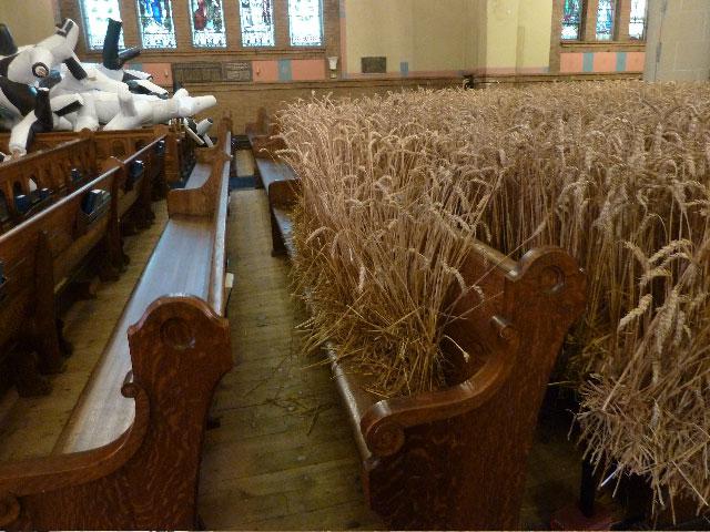 Mary Catherine Newcomb's <em>Osiris' Advance</em> and Max Streicher and Garnet Willis's <em>Tree Organ</em> installations at St. Anne's Church / photo Barbara Solowan