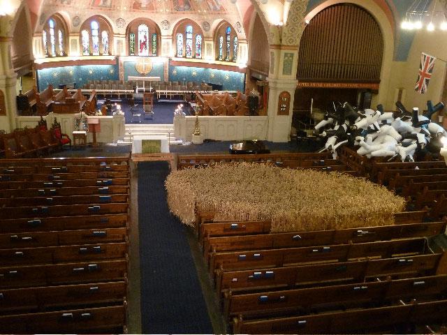 Mary Catherine Newcomb's <em>Osiris' Advance</em> and Max Streicher and Garnet Willis's <em>Tree Organ</em> installations at St. Anne's Church / photo Barbara Solowan