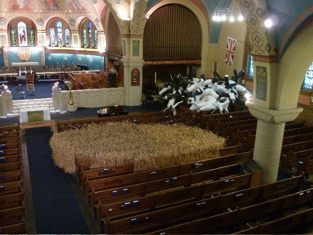 Mary Catherine Newcomb's <em>Osiris' Advance</em> and Max Streicher and Garnet Willis's <em>Tree Organ</em> installations at St. Anne's Church / photo Barbara Solowan