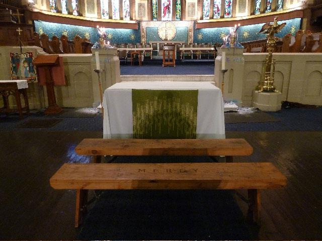 Tom Dean's <em>Mercy Benches</em> installation at St. Anne's Church / photo Barbara Solowan
