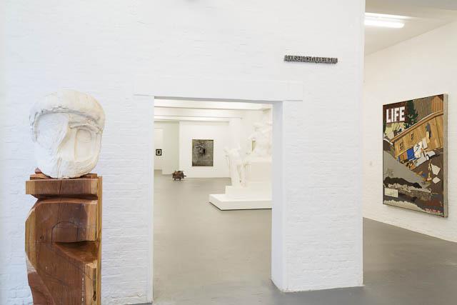 “A House of Leaves” installation view showing (at left) Thomas Houseago <em>Portrait – Double Sided</em> 2009 / photo courtesy David Roberts Art Foundation 