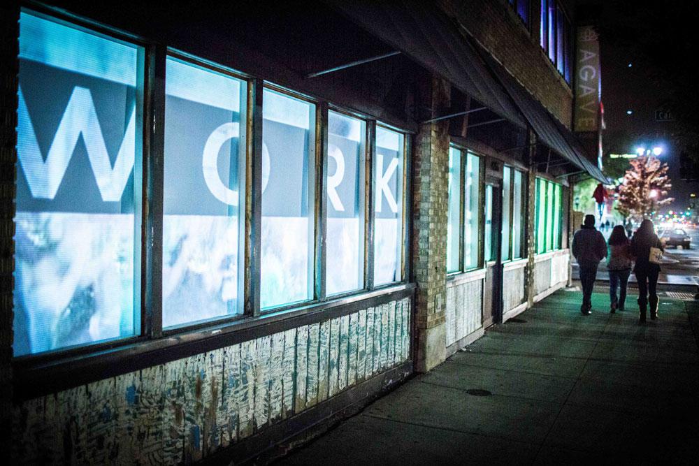 Mark Moffatt with Time To Productions' <em>Work</em> at 4265 Woodward Avenue / photo Dave Lewinski Photography
