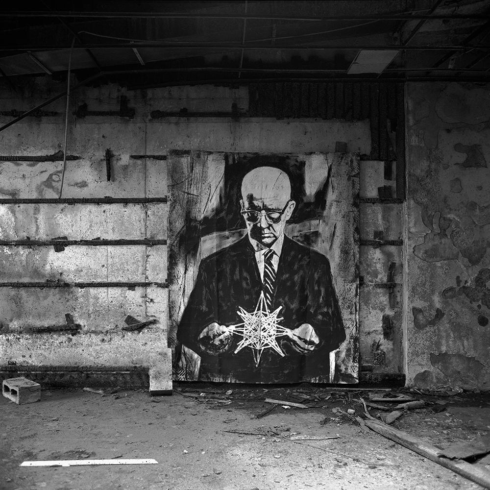 Robert Duchesnay <em>Large Fuller portrait on canvas installed near the burned-out office</em> 1984 
