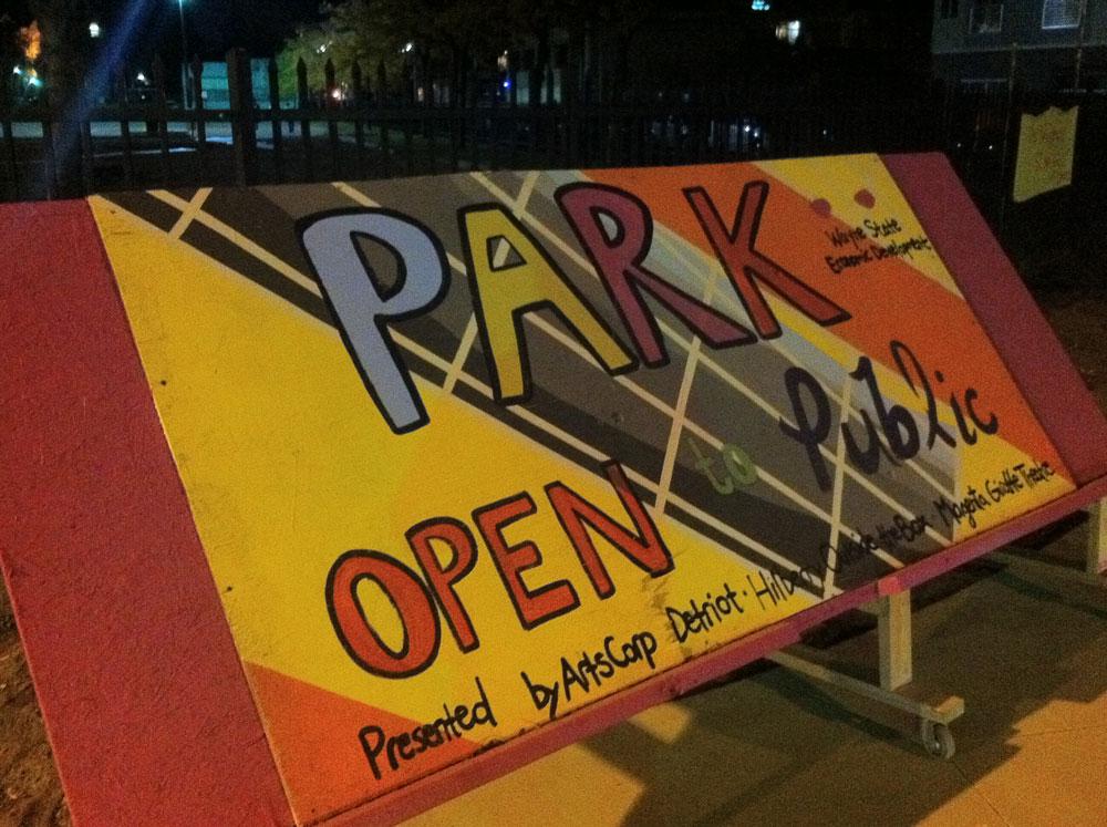 Sign leading to the Magenta Giraffe Theatre Company's stage at Wayne State University during Dlectricity / photo David Balzer 