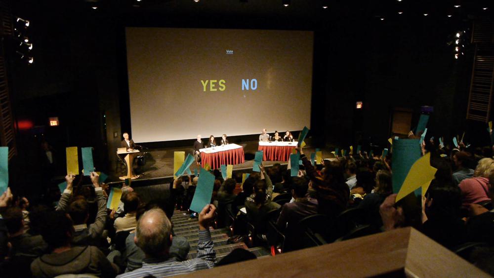 Audience votes at Institutions By Artists keynote debate “Should artists professionalize?,” October 13, 2012 
