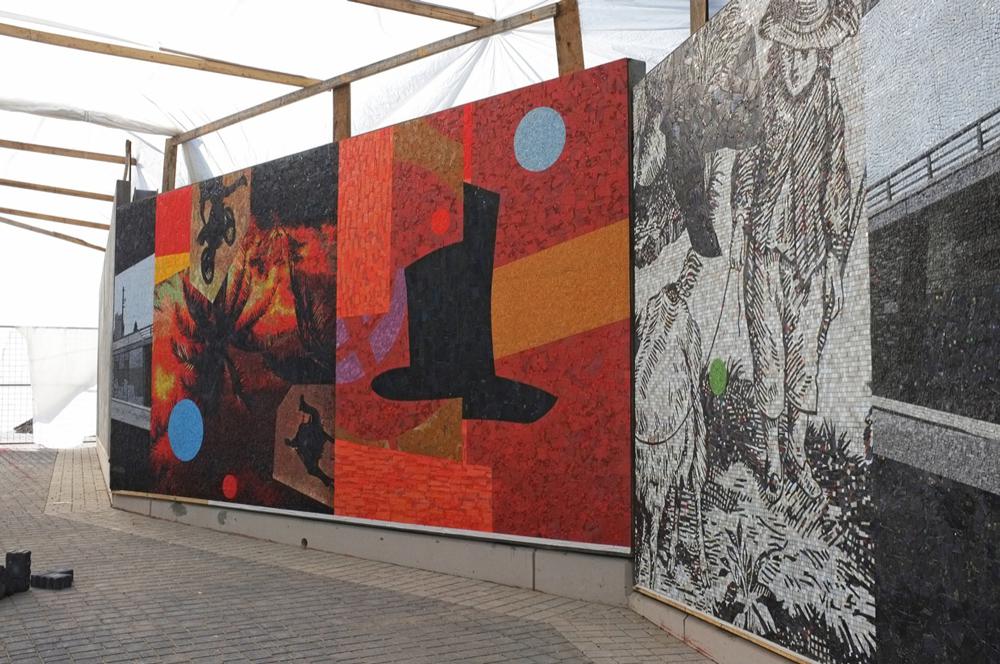 An in-progress view of Ron Moppett’s mosaic mural <em>THESAMEWAYBETTER/READER</em> / photo Kevin Baer