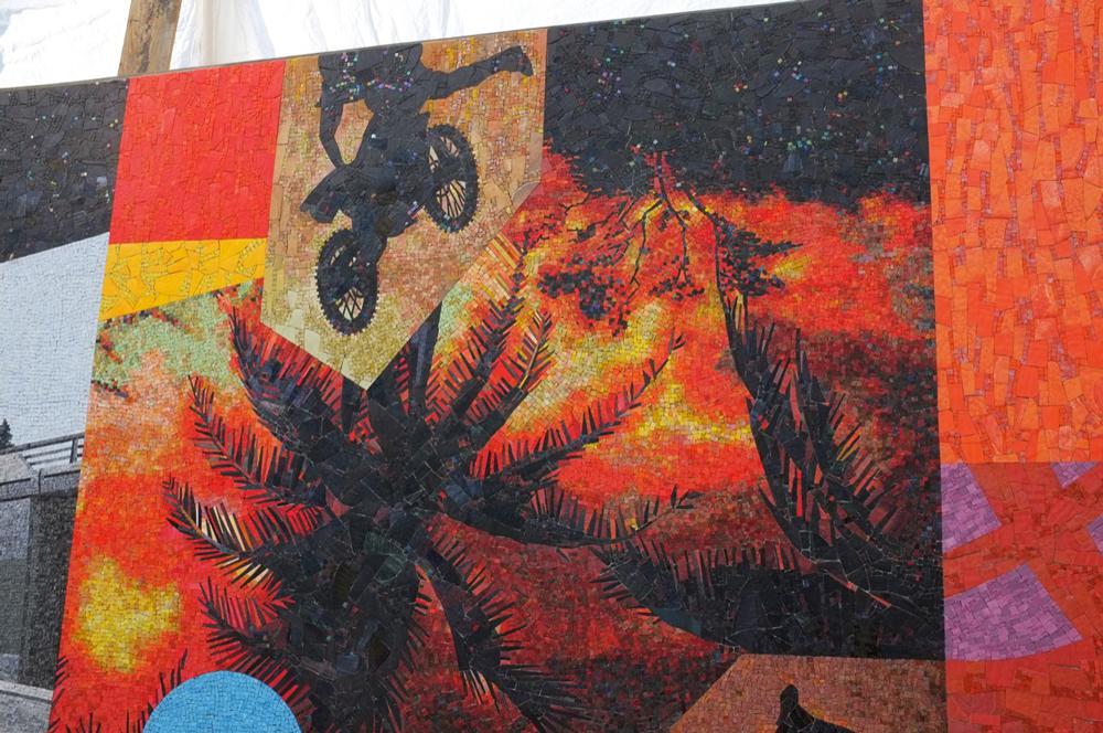 A view of one section of Ron Moppett’s mosaic mural <em>THESAMEWAYBETTER/READER</em> / photo Kevin Baer