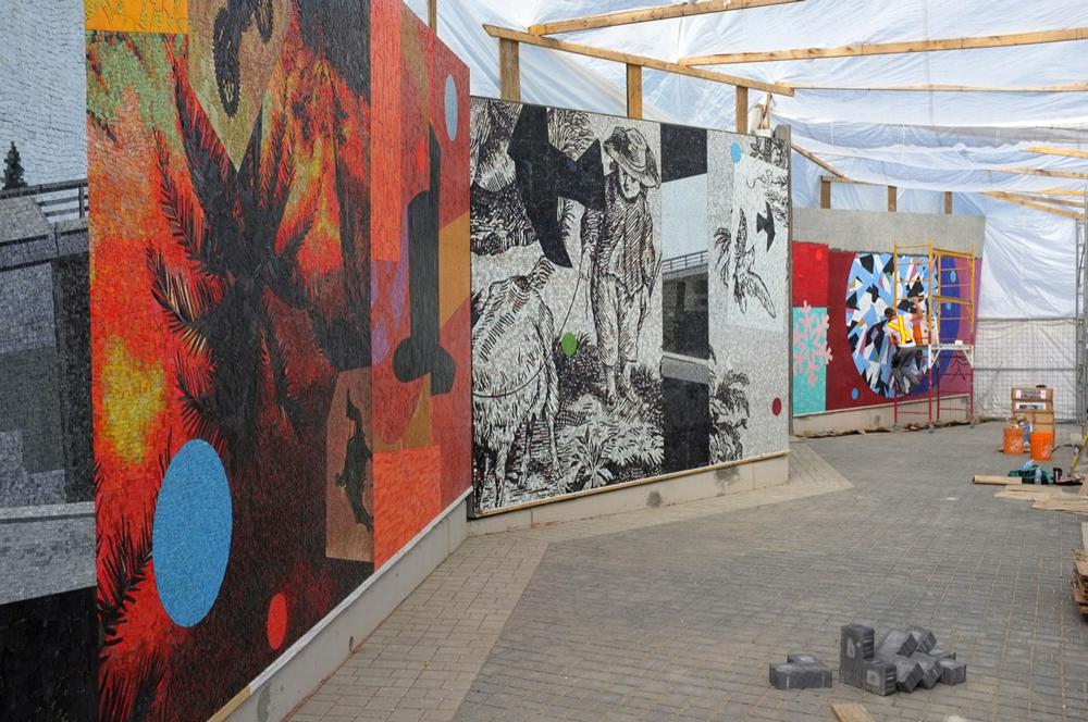 An in-progress view of Ron Moppett’s mosaic mural <em>THESAMEWAYBETTER/READER</em> / photo Kevin Baer