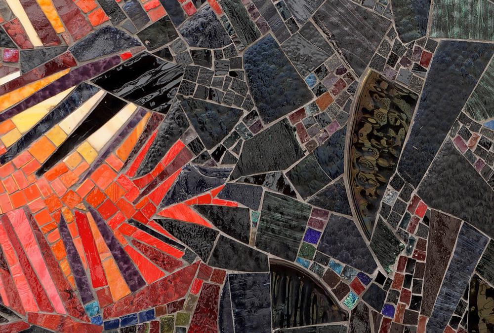 A close-up view of one section of Ron Moppett’s mosaic mural <em>THESAMEWAYBETTER/READER</em> / photo Kevin Baer