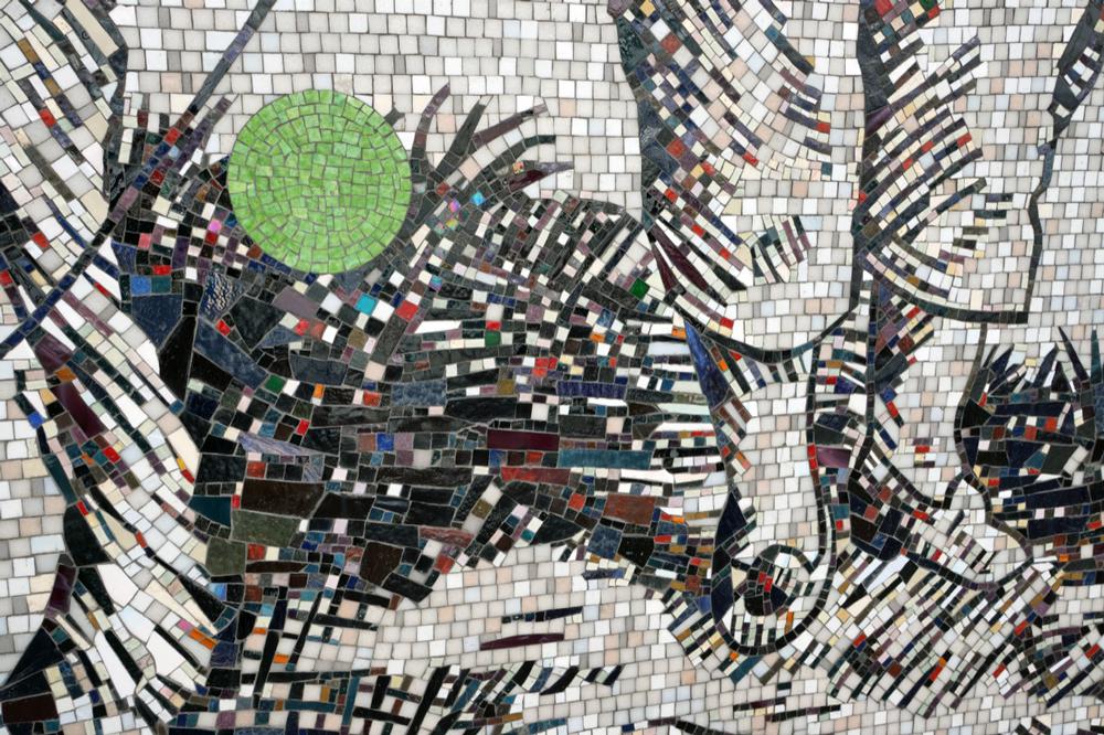 A close-up view of one section of Ron Moppett’s mosaic mural <em>THESAMEWAYBETTER/READER</em> / photo Kevin Baer