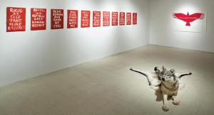 Installation view of “A Stake in the Ground” with (clockwise from left) Edgar Heap of Birds Dead Indian Stories 2011, Tania Willard Thunderbird 2007 and Nicholas Galanin Inert 2009 / photo Guy L'Heureux