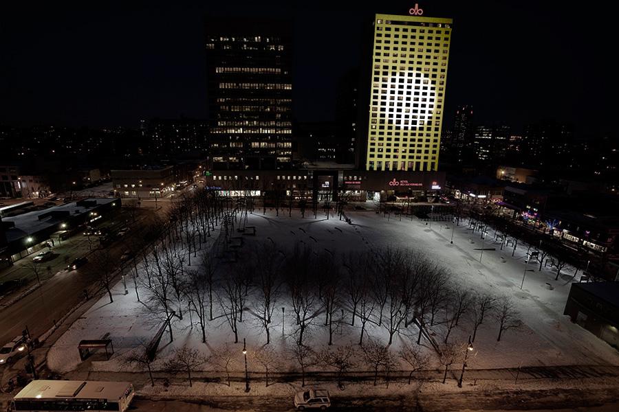 Pascal Grandmaison <em>Le jour des 8 soleils</em> 2012 Installation view at Place Émilie-Gamelin Courtesy the artist 