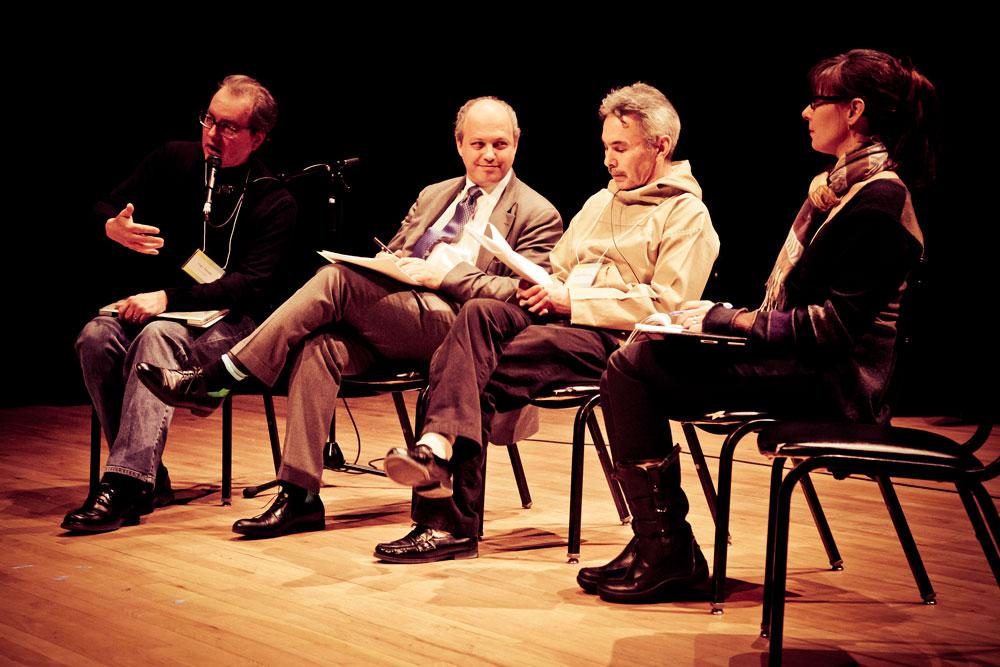 Some of the panellists at the “Inuit Art: Trajectories of Transformation” symposium (from left): curator and writer Ingo Hessel; board members of the Inuit Art Foundation Barry Appleton and Jimmy Manning; and National Gallery of Canada associate curator of indigenous art Christine Lalonde / photo Leif Norman