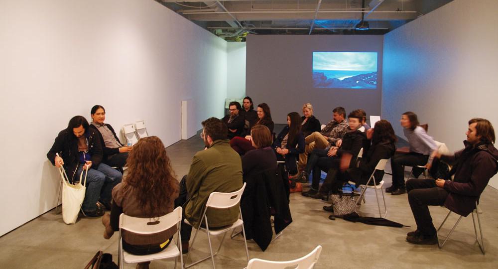 A talk by Raymond Boisjoly during Duane Linklater's exhibition &ldquo;Beothuck Building&rdquo; at Or Gallery / photo courtesy the artist, provided by Jonathan Middleton