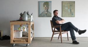 Sky Glabush in his London, Ontario, studio with Portrait as Gertrude Stein (2012) and The Gate (2012) in December / photo Robert Nelson (Image 1/6)