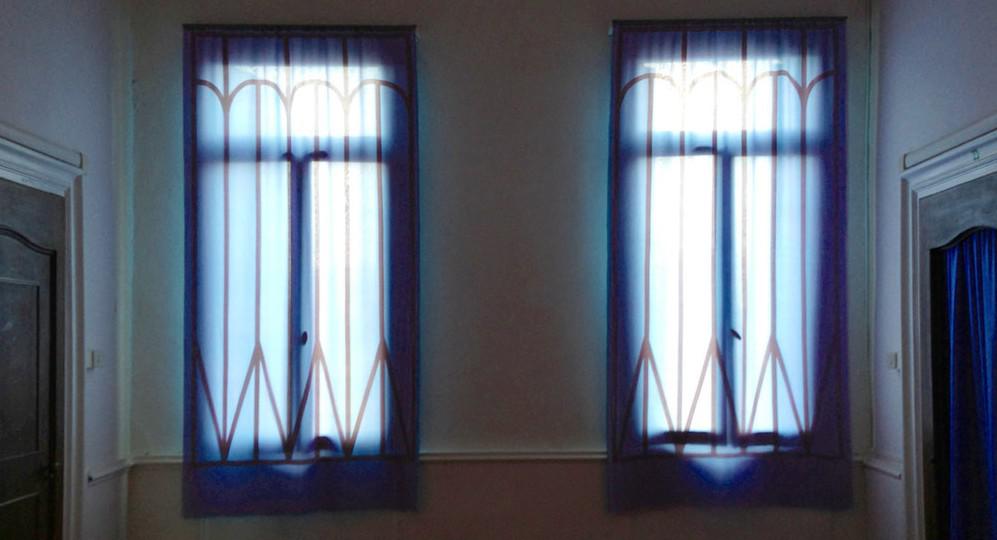 Installation view of Corin Sworn's window intervention at “Scotland + Venice” / Photo Leah Sandals
